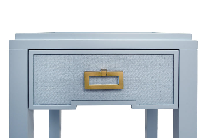 One Drawer Side Table With Matte Light Blue Frame And Light Blue Grasscloth Drawer Fronts - JEAN LB