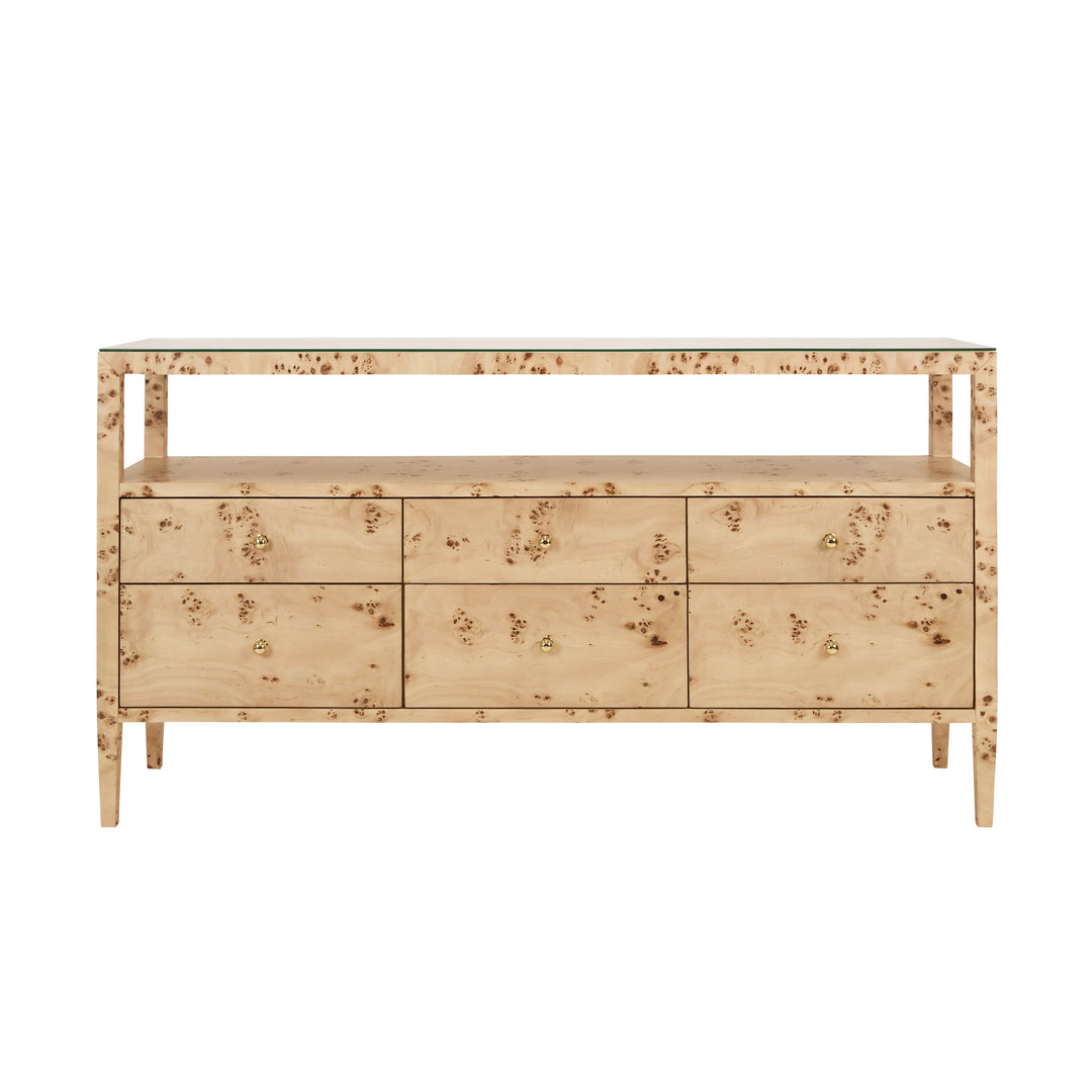 Six Drawer Console With Open Shelf In Burl Wood With Polished Brass Knobs - JORDAN BW