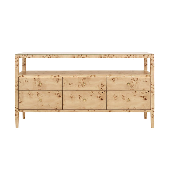 Six Drawer Console With Open Shelf In Burl Wood With Polished Brass Knobs - JORDAN BW