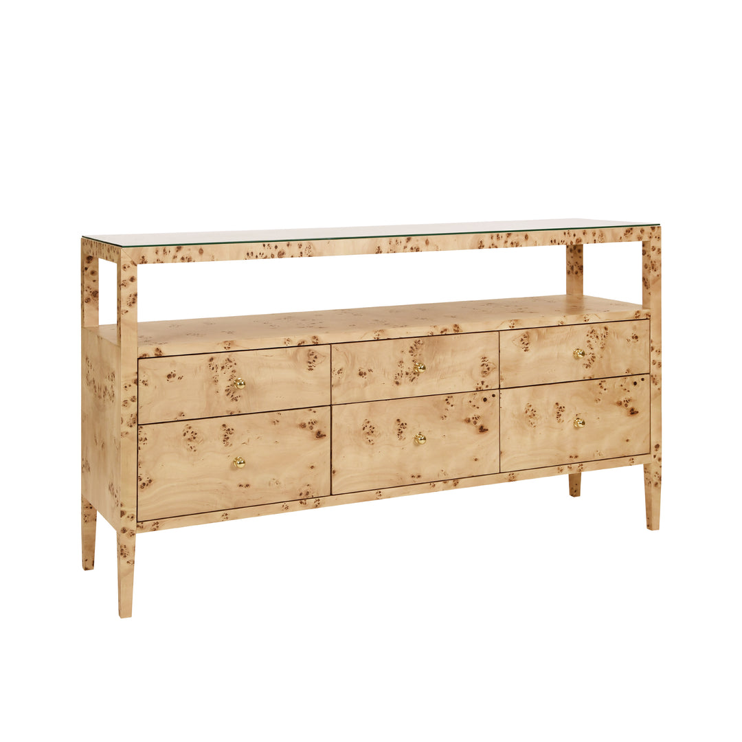 Six Drawer Console With Open Shelf In Burl Wood With Polished Brass Knobs - JORDAN BW