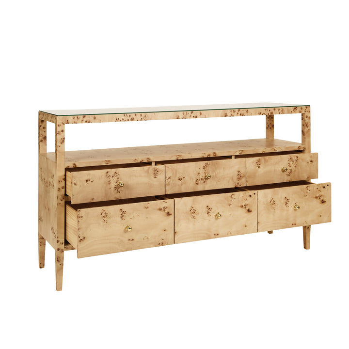 Six Drawer Console With Open Shelf In Burl Wood With Polished Brass Knobs - JORDAN BW
