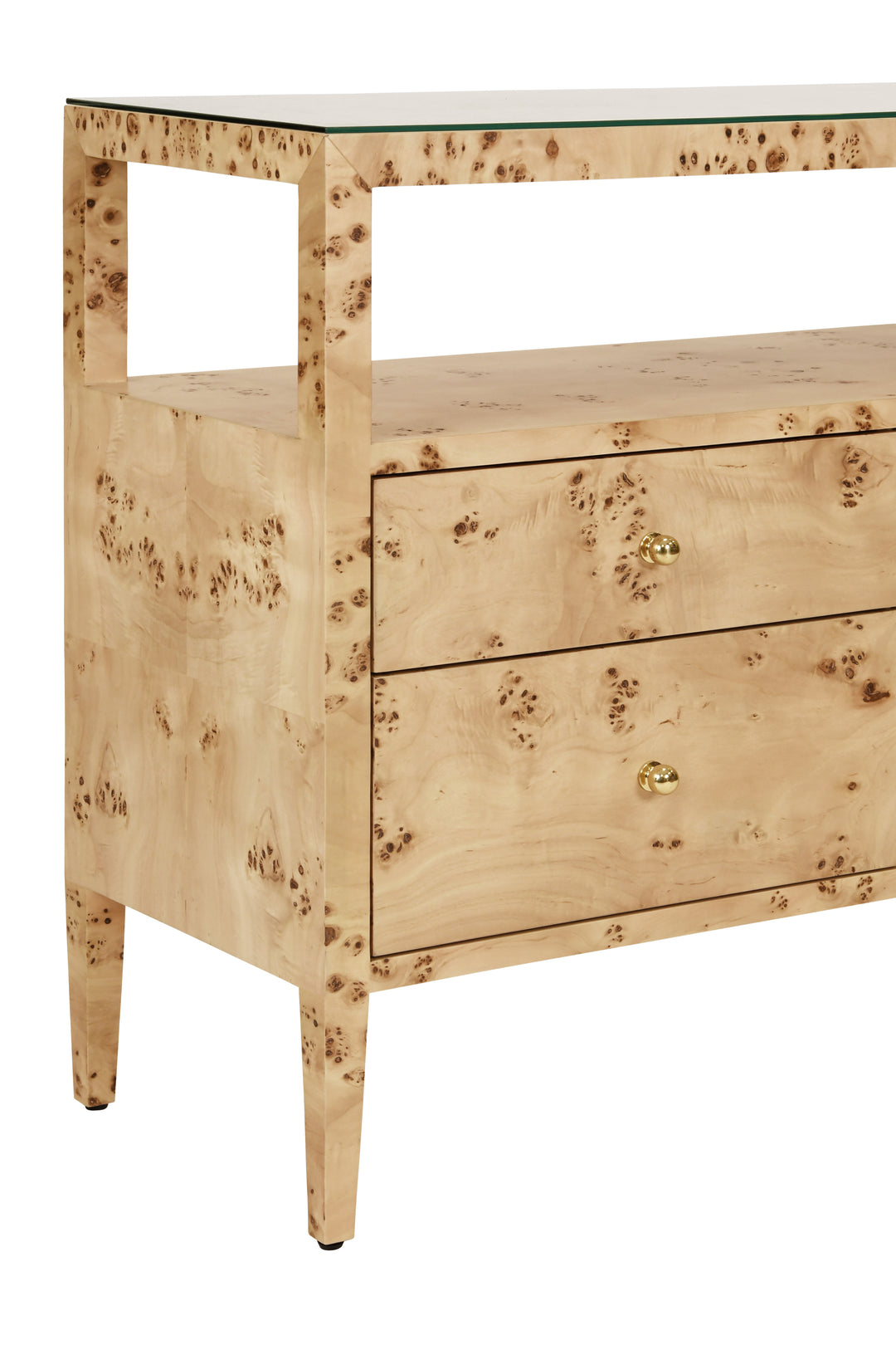 Six Drawer Console With Open Shelf In Burl Wood With Polished Brass Knobs - JORDAN BW