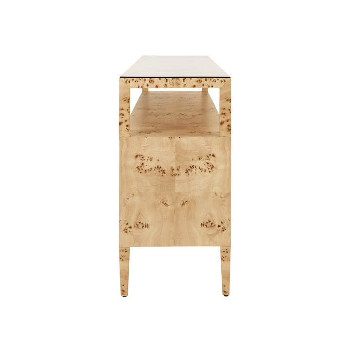 Six Drawer Console With Open Shelf In Burl Wood With Polished Brass Knobs - JORDAN BW