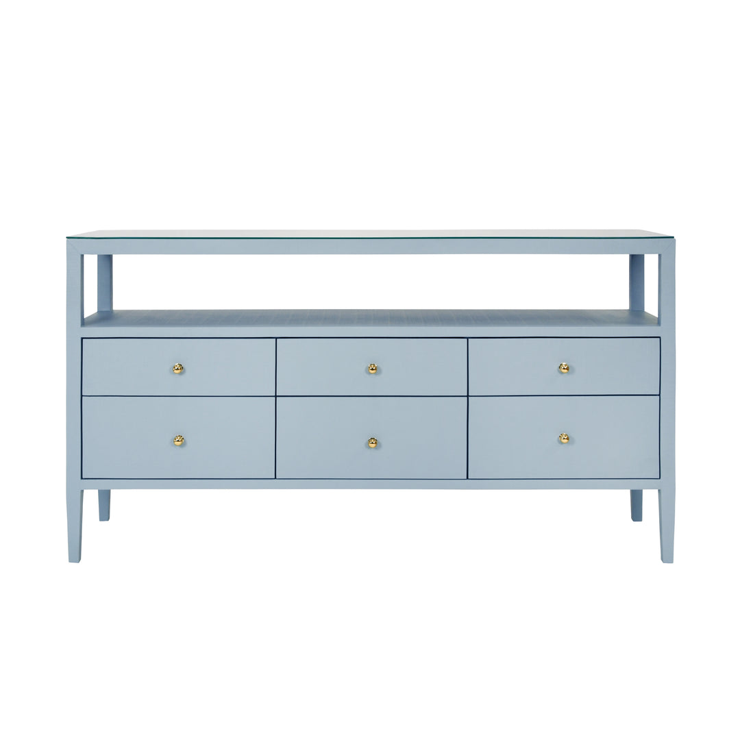 Six Drawer Console With Open Shelf In Textured Light Blue Linen With Polished Brass Knobs - JORDAN LB
