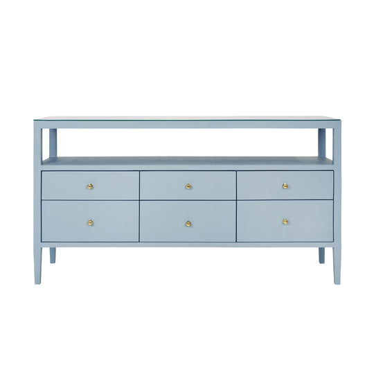 Six Drawer Console With Open Shelf In Textured Light Blue Linen With Polished Brass Knobs - JORDAN LB