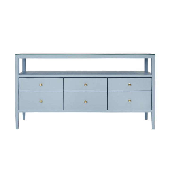 Six Drawer Console With Open Shelf In Textured Light Blue Linen With Polished Brass Knobs - JORDAN LB