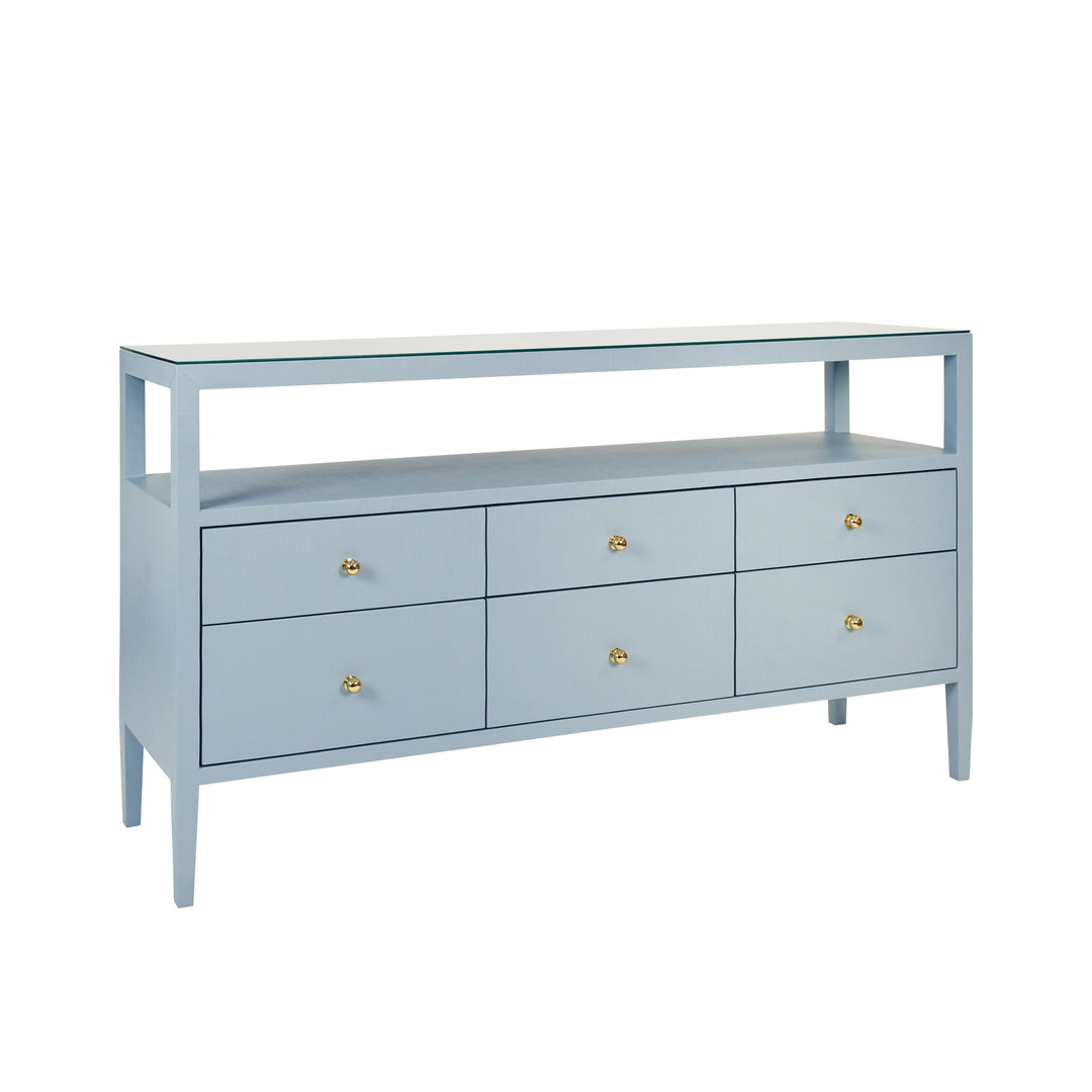 Six Drawer Console With Open Shelf In Textured Light Blue Linen With Polished Brass Knobs - JORDAN LB