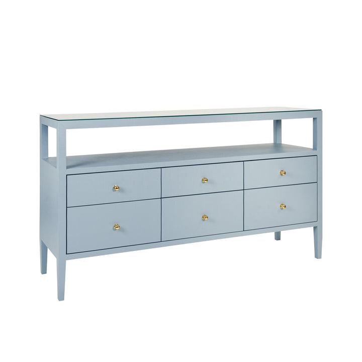 Six Drawer Console With Open Shelf In Textured Light Blue Linen With Polished Brass Knobs - JORDAN LB