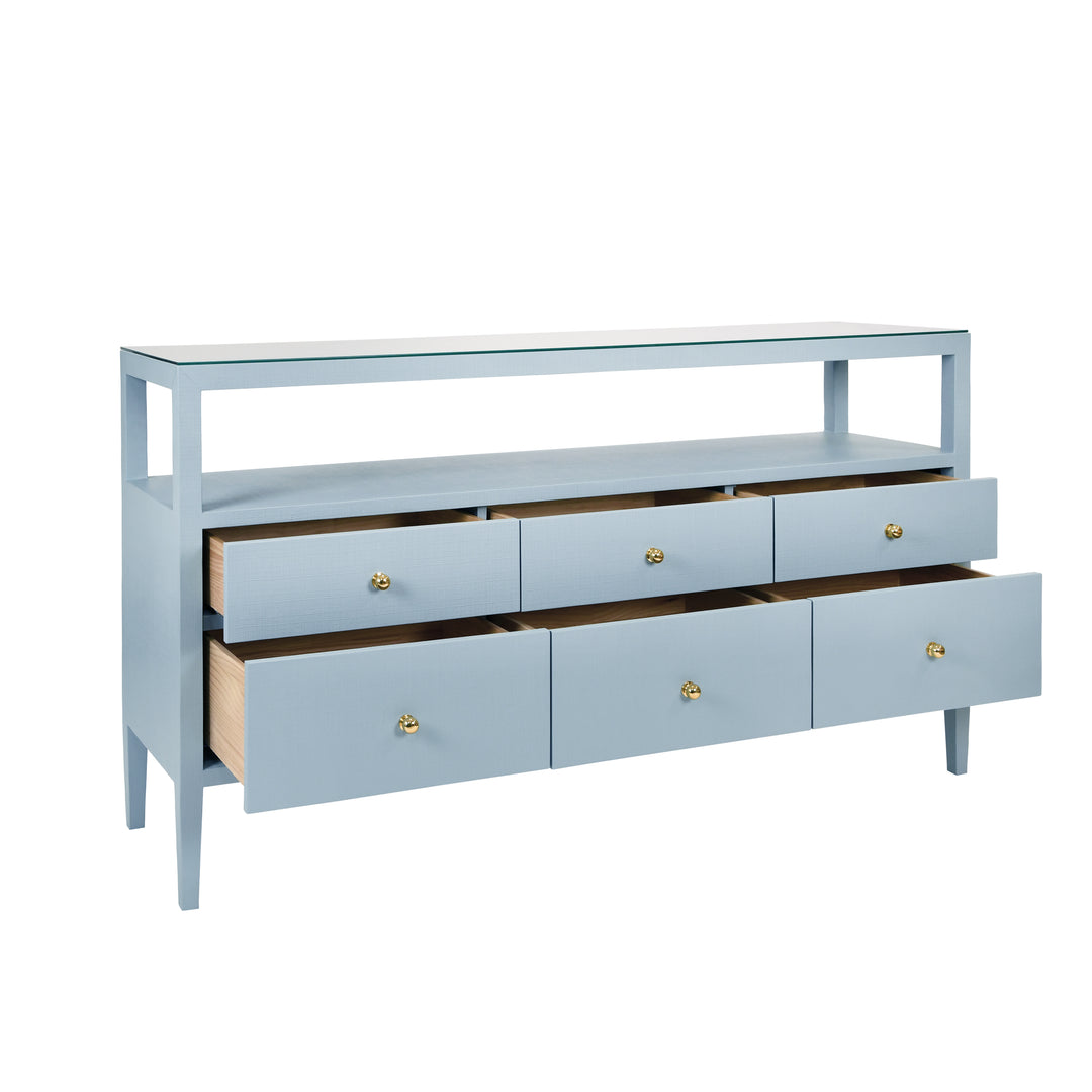 Six Drawer Console With Open Shelf In Textured Light Blue Linen With Polished Brass Knobs - JORDAN LB