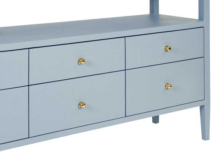Six Drawer Console With Open Shelf In Textured Light Blue Linen With Polished Brass Knobs - JORDAN LB