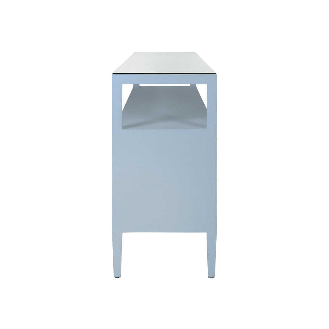 Six Drawer Console With Open Shelf In Textured Light Blue Linen With Polished Brass Knobs - JORDAN LB