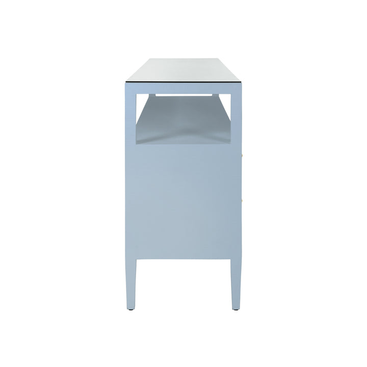 Six Drawer Console With Open Shelf In Textured Light Blue Linen With Polished Brass Knobs - JORDAN LB