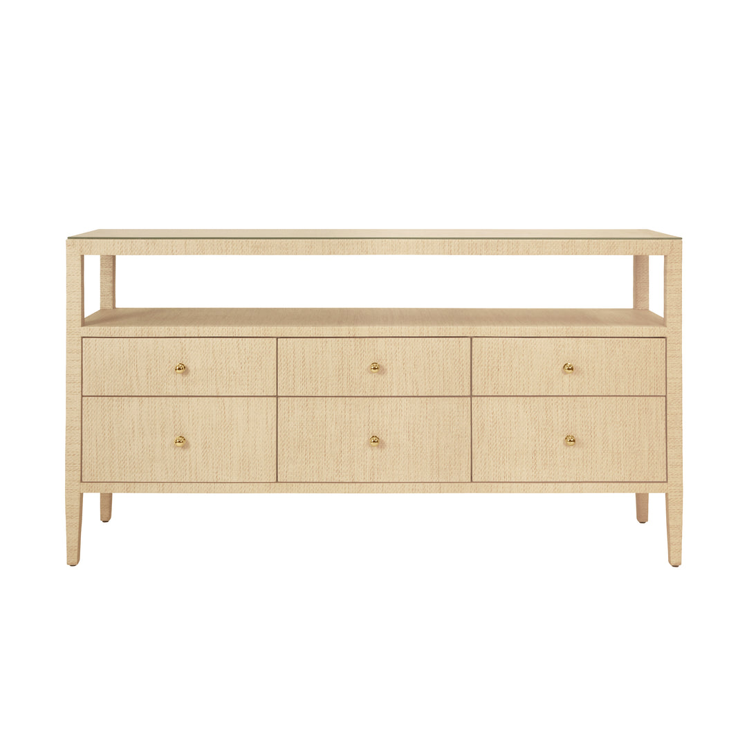 Six Drawer Console With Open Shelf In Natural Grasscloth With Polished Brass Knobs - JORDAN NAT