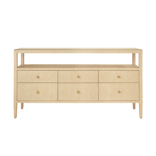Six Drawer Console With Open Shelf In Natural Grasscloth With Polished Brass Knobs - JORDAN NAT