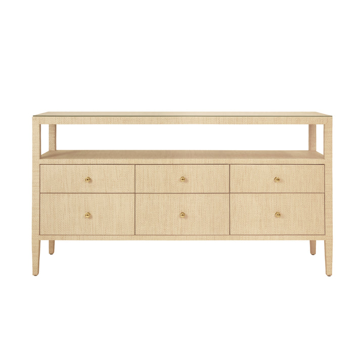 Six Drawer Console With Open Shelf In Natural Grasscloth With Polished Brass Knobs - JORDAN NAT