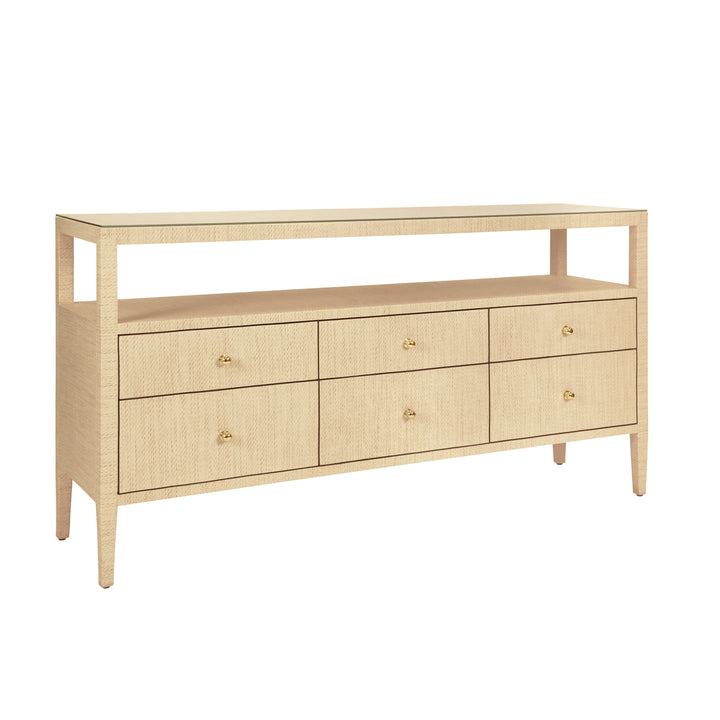 Six Drawer Console With Open Shelf In Natural Grasscloth With Polished Brass Knobs - JORDAN NAT