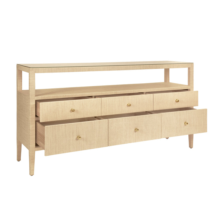 Six Drawer Console With Open Shelf In Natural Grasscloth With Polished Brass Knobs - JORDAN NAT