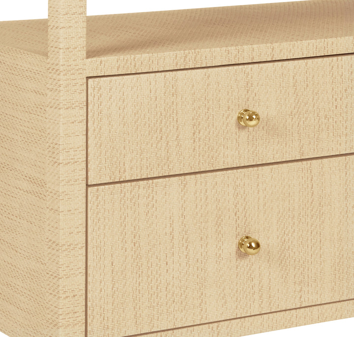 Six Drawer Console With Open Shelf In Natural Grasscloth With Polished Brass Knobs - JORDAN NAT