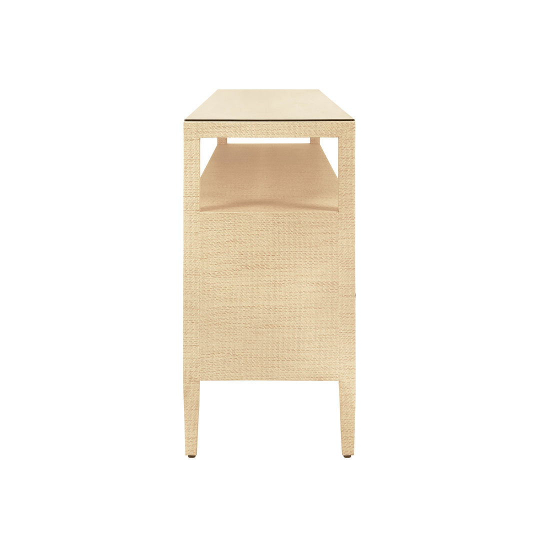 Six Drawer Console With Open Shelf In Natural Grasscloth With Polished Brass Knobs - JORDAN NAT