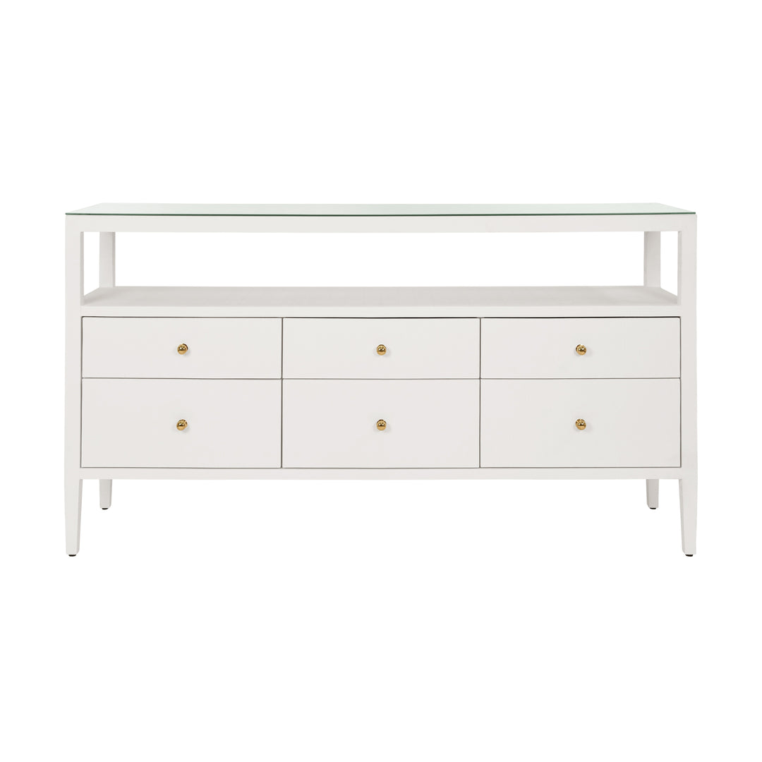 Six Drawer Console With Open Shelf In Textured White Linen With Polished Brass Knobs - JORDAN WH