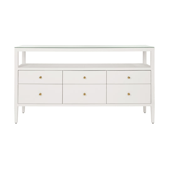 Six Drawer Console With Open Shelf In Textured White Linen With Polished Brass Knobs - JORDAN WH