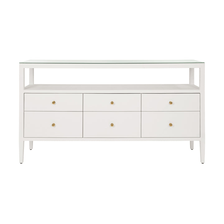Six Drawer Console With Open Shelf In Textured White Linen With Polished Brass Knobs - JORDAN WH