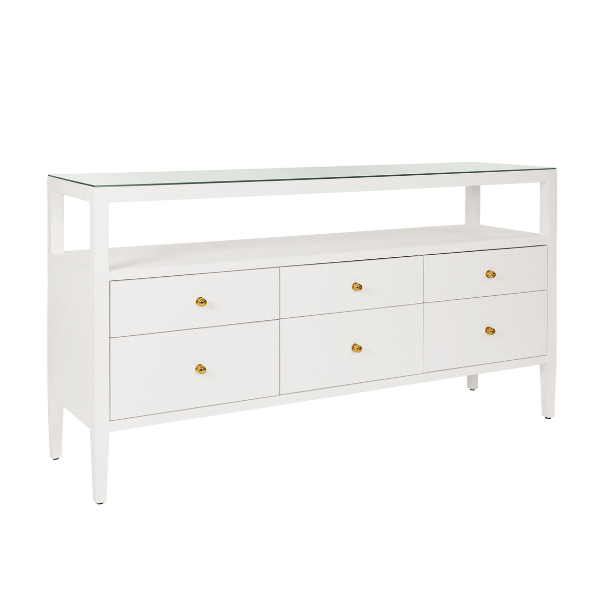 Six Drawer Console With Open Shelf In Textured White Linen With Polished Brass Knobs - JORDAN WH