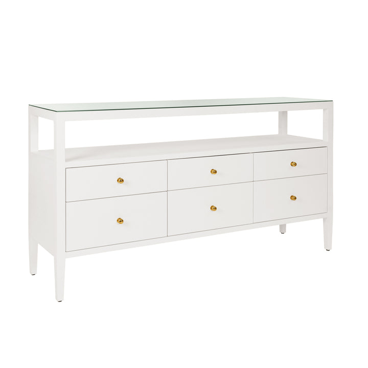 Six Drawer Console With Open Shelf In Textured White Linen With Polished Brass Knobs - JORDAN WH