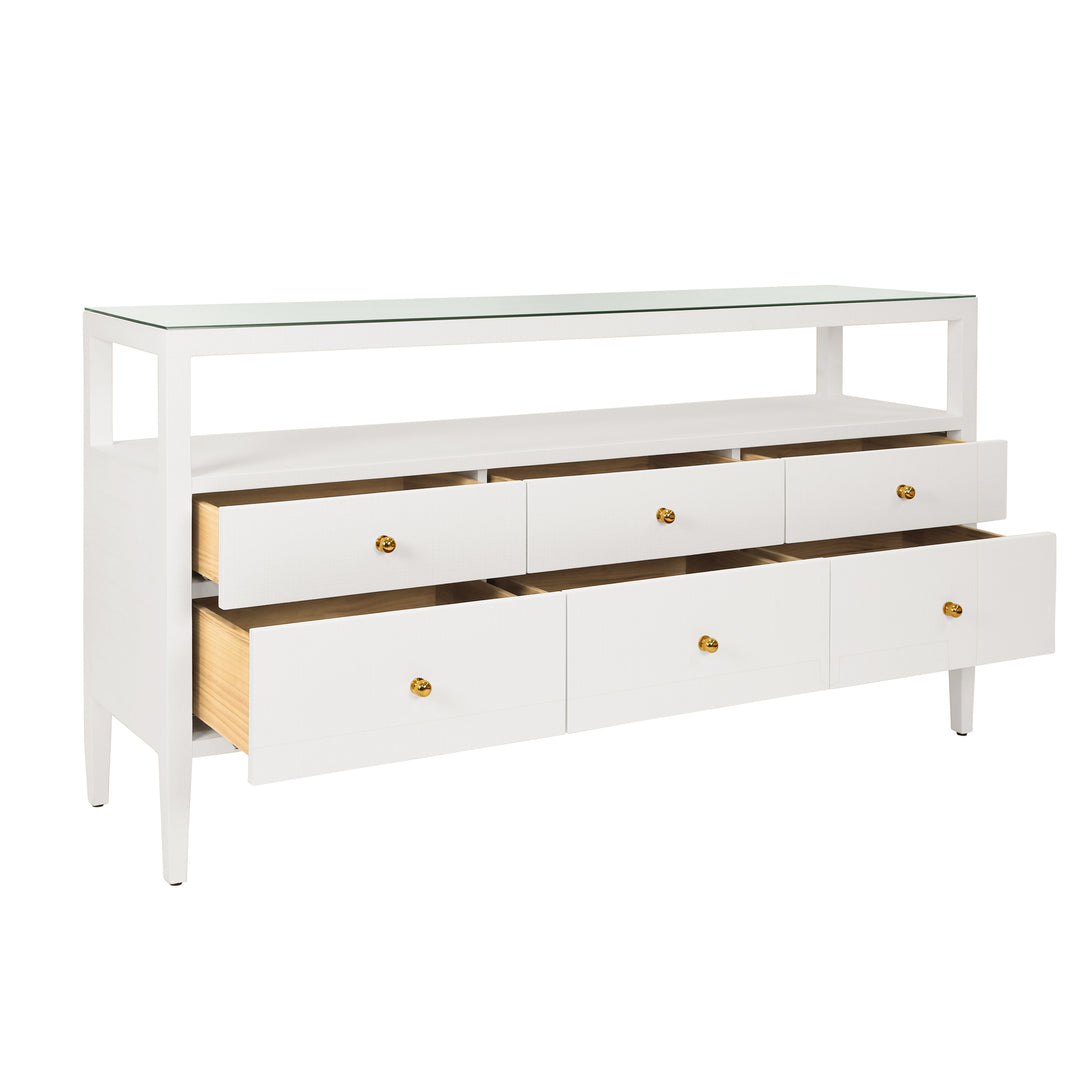 Six Drawer Console With Open Shelf In Textured White Linen With Polished Brass Knobs - JORDAN WH