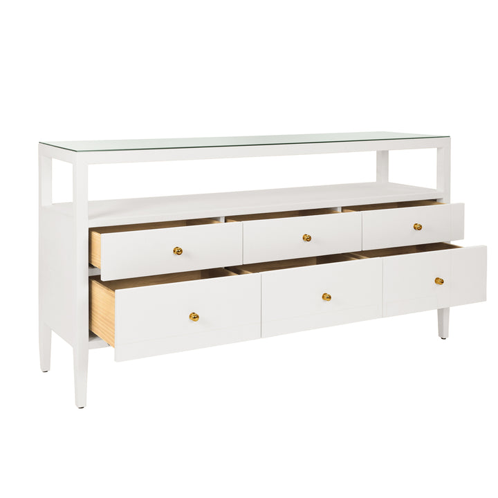 Six Drawer Console With Open Shelf In Textured White Linen With Polished Brass Knobs - JORDAN WH