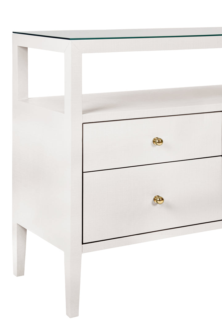 Six Drawer Console With Open Shelf In Textured White Linen With Polished Brass Knobs - JORDAN WH