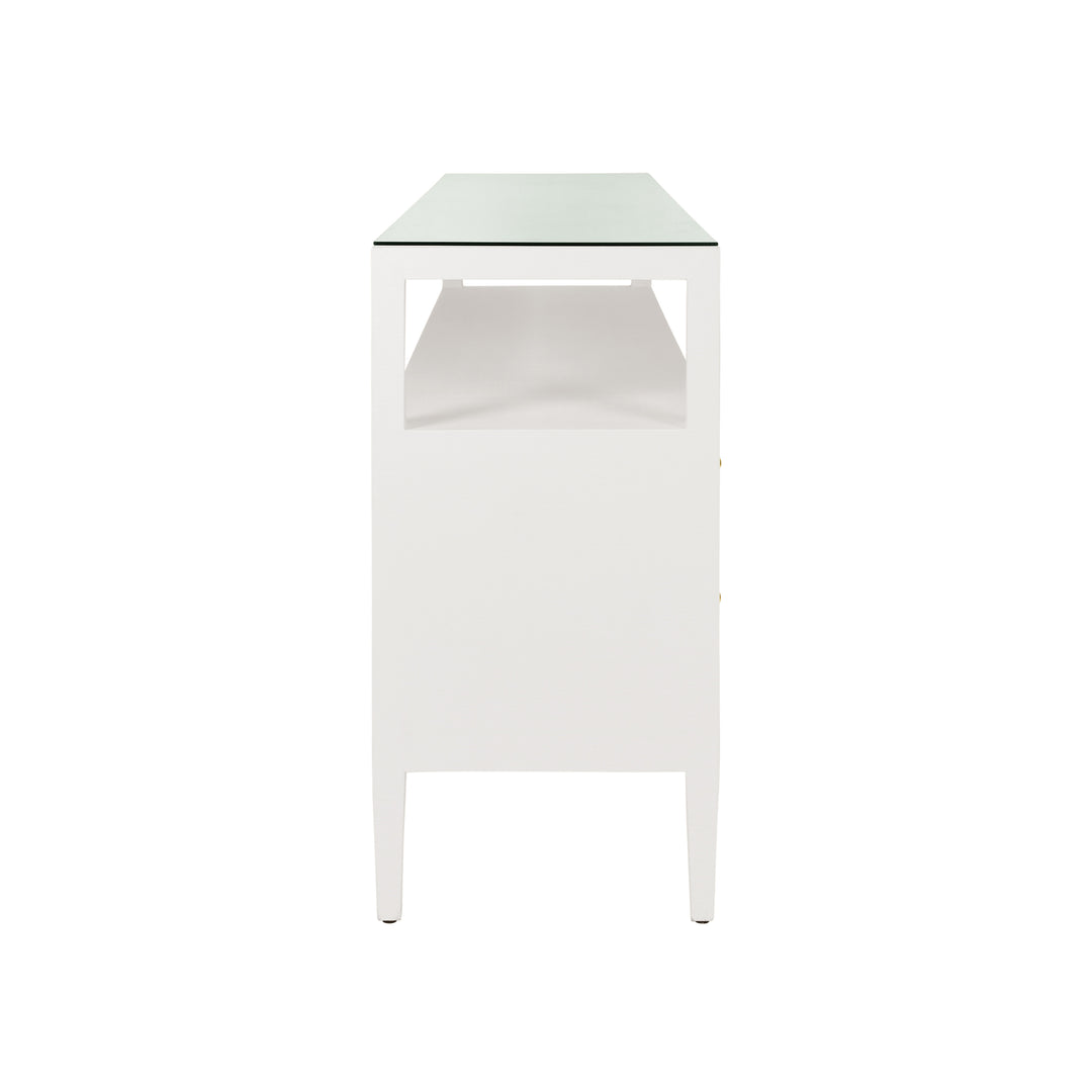 Six Drawer Console With Open Shelf In Textured White Linen With Polished Brass Knobs - JORDAN WH