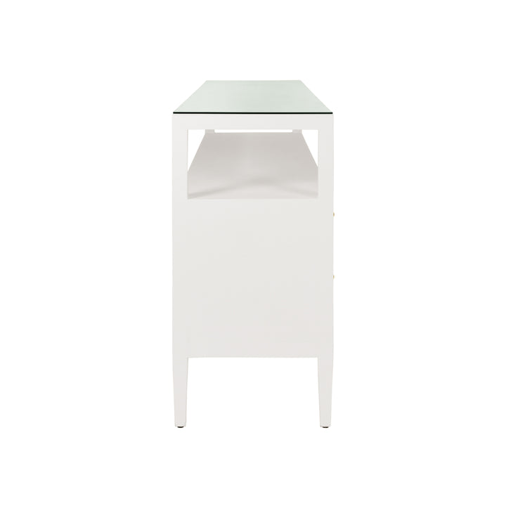 Six Drawer Console With Open Shelf In Textured White Linen With Polished Brass Knobs - JORDAN WH