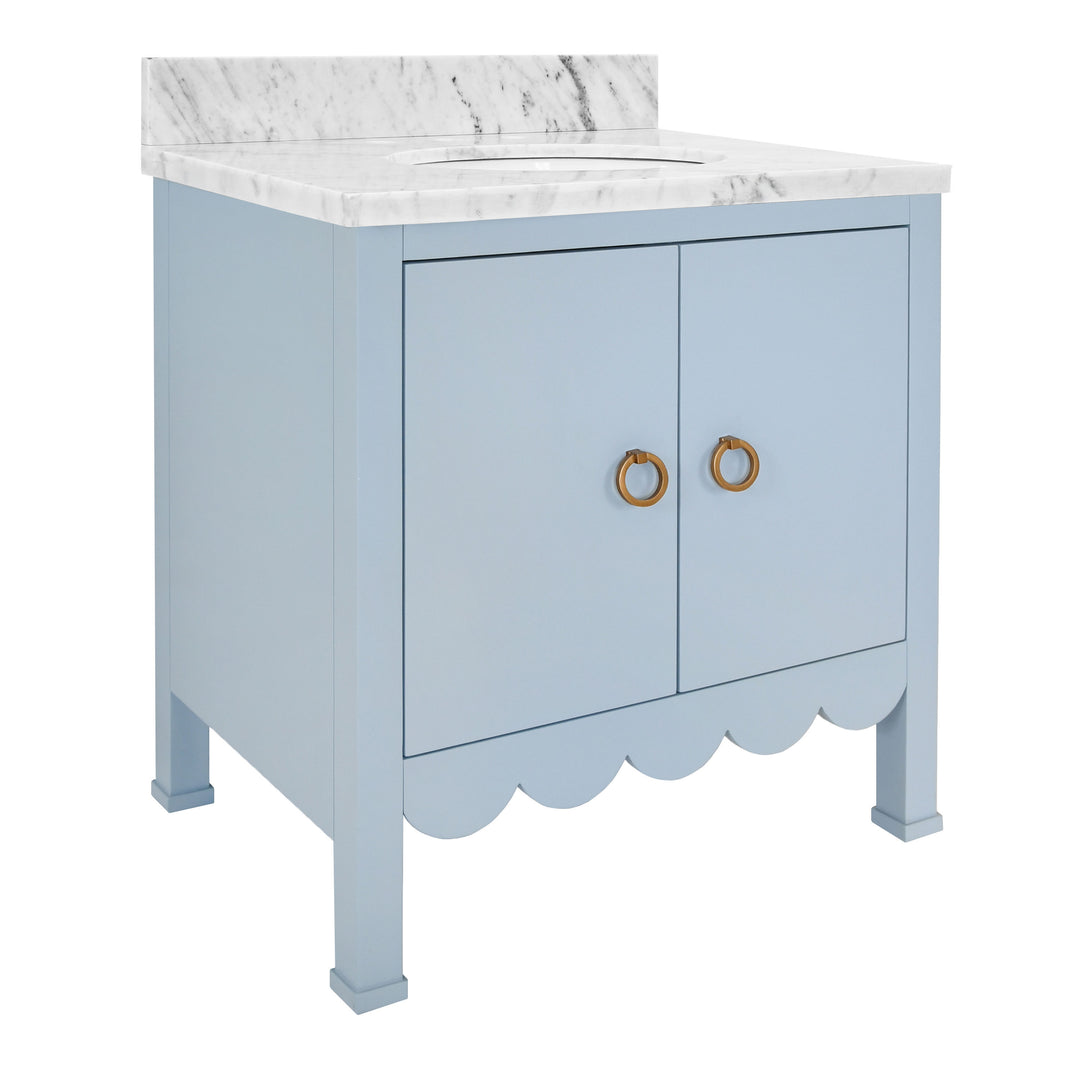 Bath Vanity With Scallop Detail In Matte Light Blue With White Marble Top And Porcelain Sink - KEALEY LB