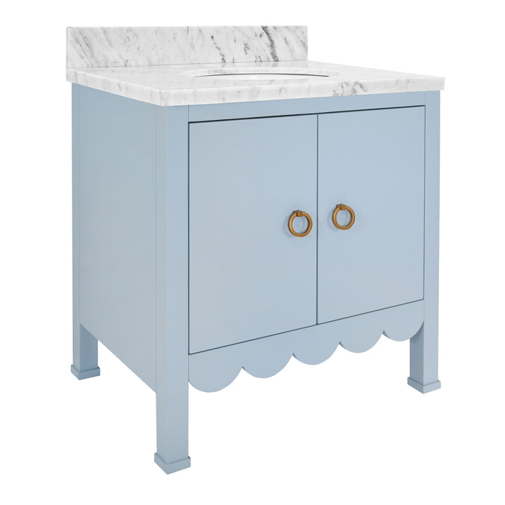 Bath Vanity With Scallop Detail In Matte Light Blue With White Marble Top And Porcelain Sink - KEALEY LB