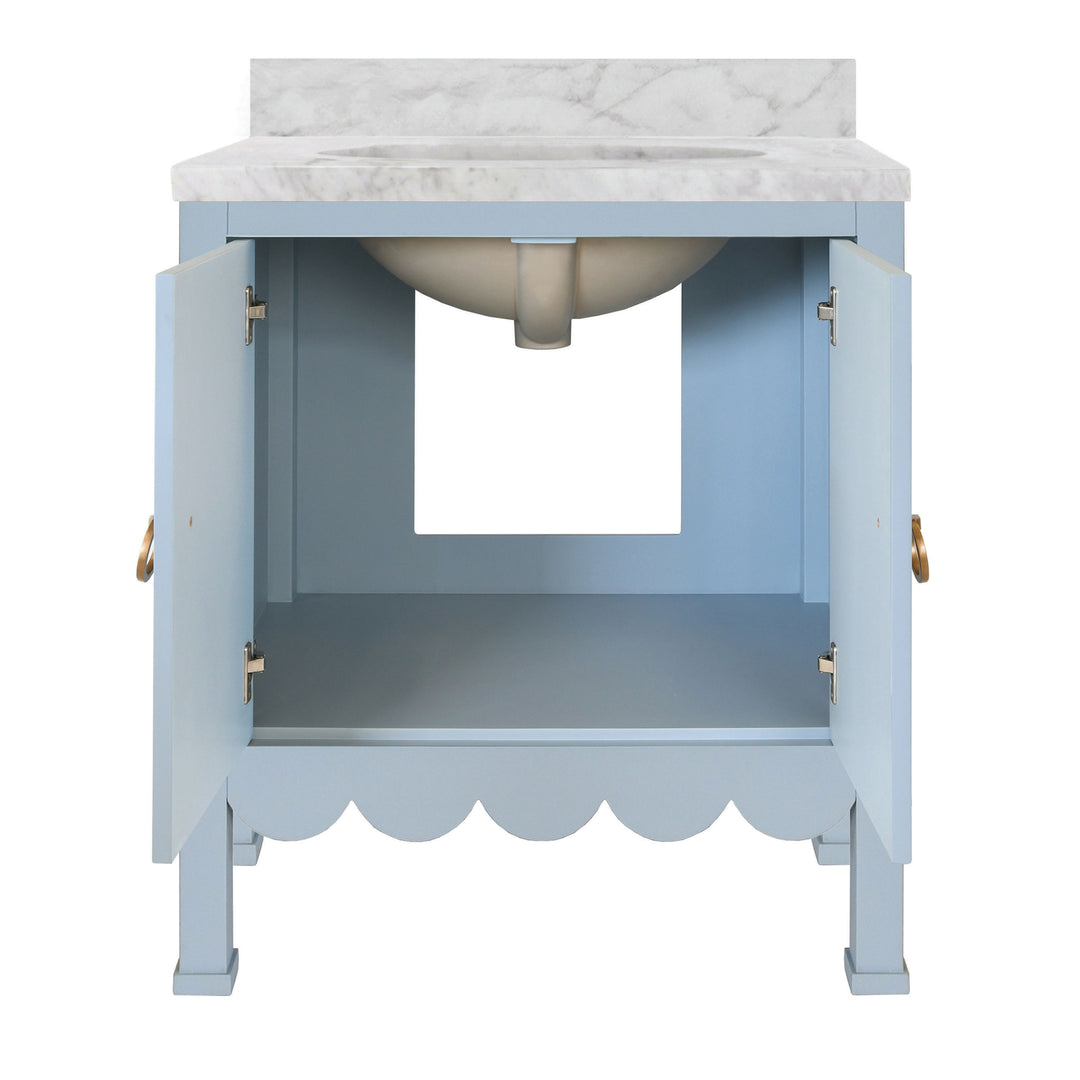 Bath Vanity With Scallop Detail In Matte Light Blue With White Marble Top And Porcelain Sink - KEALEY LB