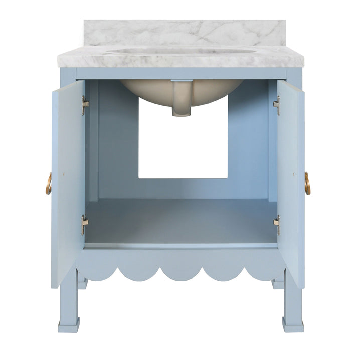 Bath Vanity With Scallop Detail In Matte Light Blue With White Marble Top And Porcelain Sink - KEALEY LB