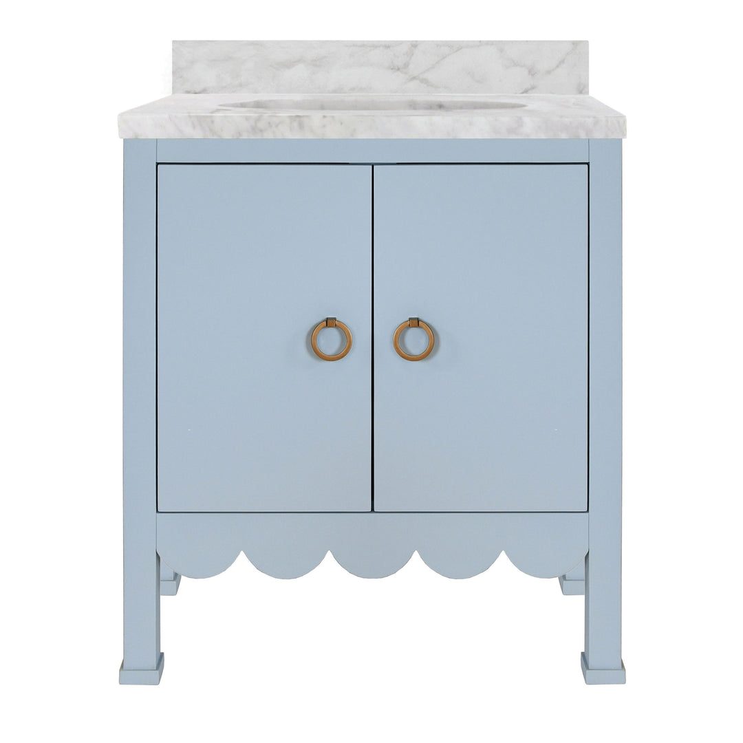 Bath Vanity With Scallop Detail In Matte Light Blue With White Marble Top And Porcelain Sink - KEALEY LB