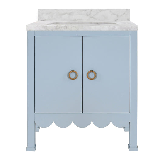 Bath Vanity With Scallop Detail In Matte Light Blue With White Marble Top And Porcelain Sink - KEALEY LB