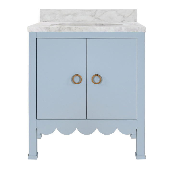 Bath Vanity With Scallop Detail In Matte Light Blue With White Marble Top And Porcelain Sink - KEALEY LB