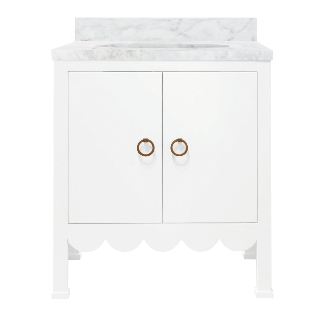 Bath Vanity With Scallop Detail In Matte White Lacquer With White Marble Top And Porcelain Sink - KEALEY WH