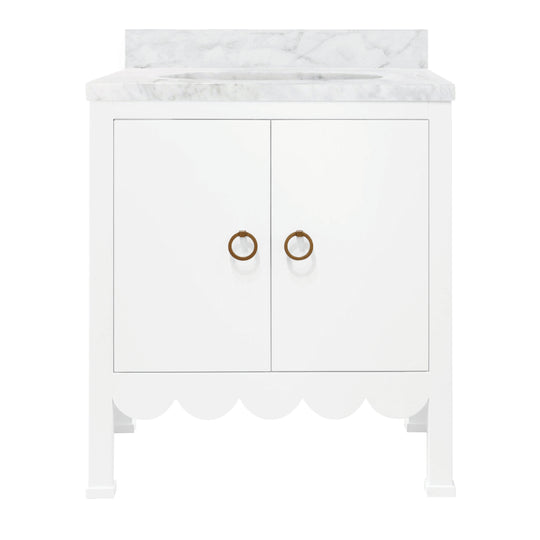 Bath Vanity With Scallop Detail In Matte White Lacquer With White Marble Top And Porcelain Sink - KEALEY WH