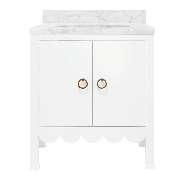 Bath Vanity With Scallop Detail In Matte White Lacquer With White Marble Top And Porcelain Sink - KEALEY WH