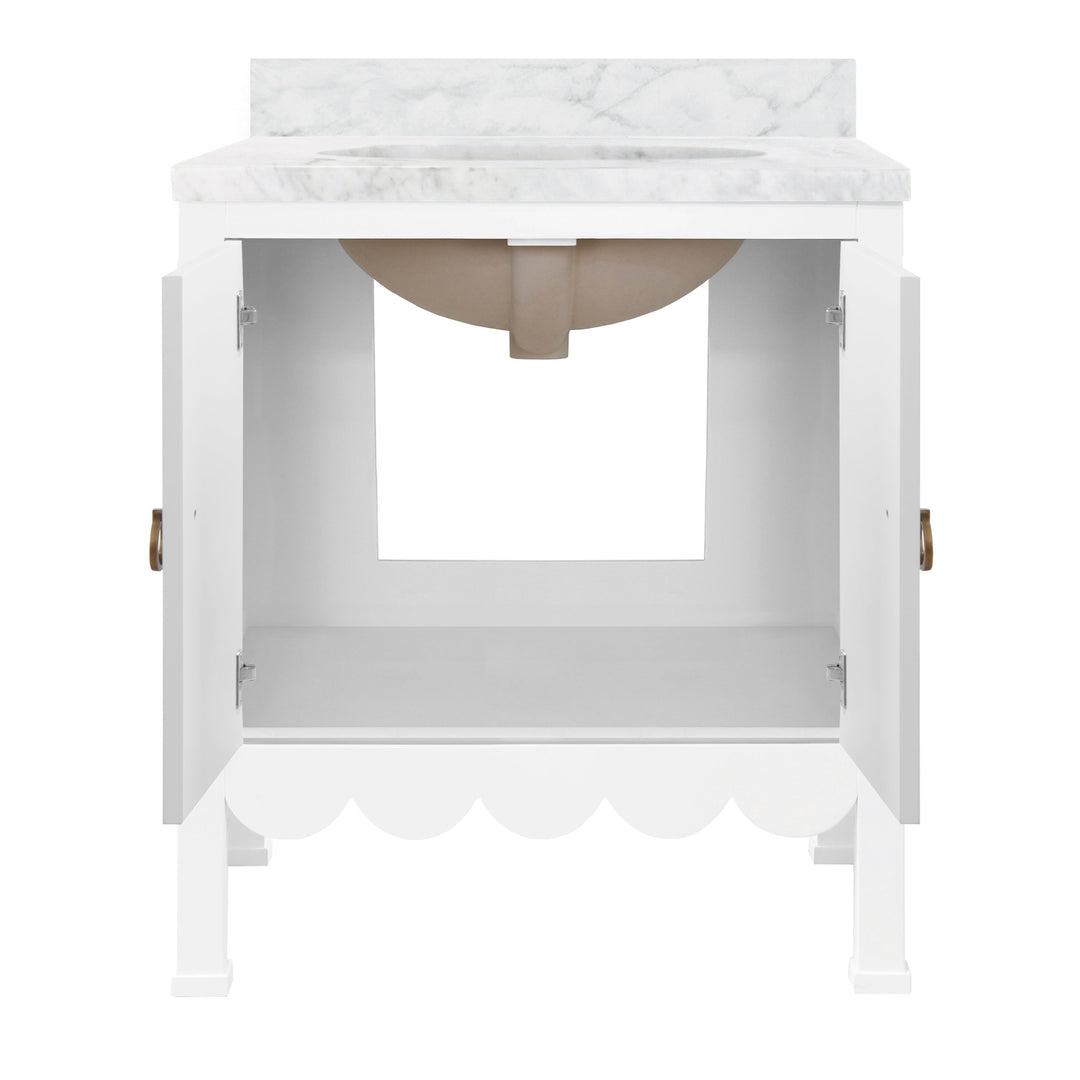 Bath Vanity With Scallop Detail In Matte White Lacquer With White Marble Top And Porcelain Sink - KEALEY WH
