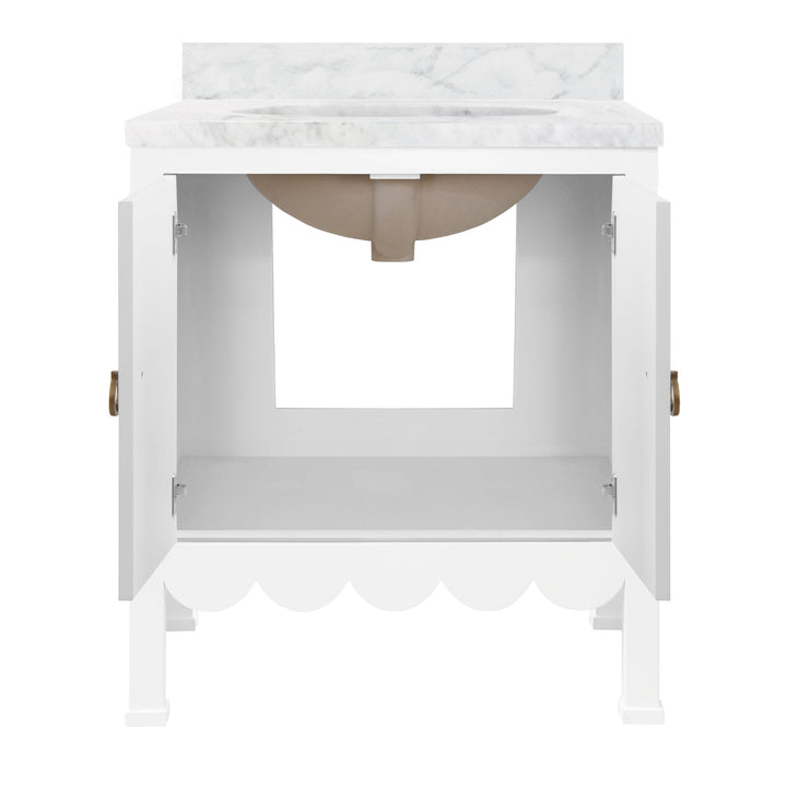 Bath Vanity With Scallop Detail In Matte White Lacquer With White Marble Top And Porcelain Sink - KEALEY WH