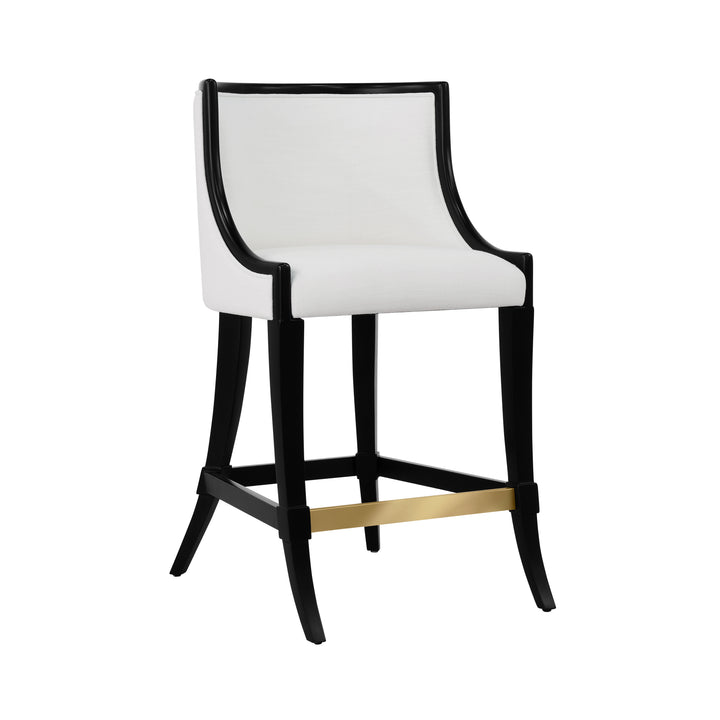 Klismos Leg Counter Stool With Performance White Linen Upholstery In Matte Black Lacquer - KEATON BLK