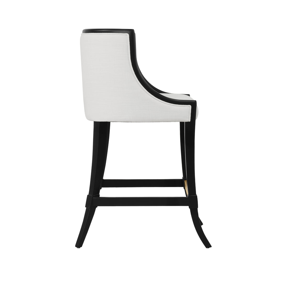 Klismos Leg Counter Stool With Performance White Linen Upholstery In Matte Black Lacquer - KEATON BLK