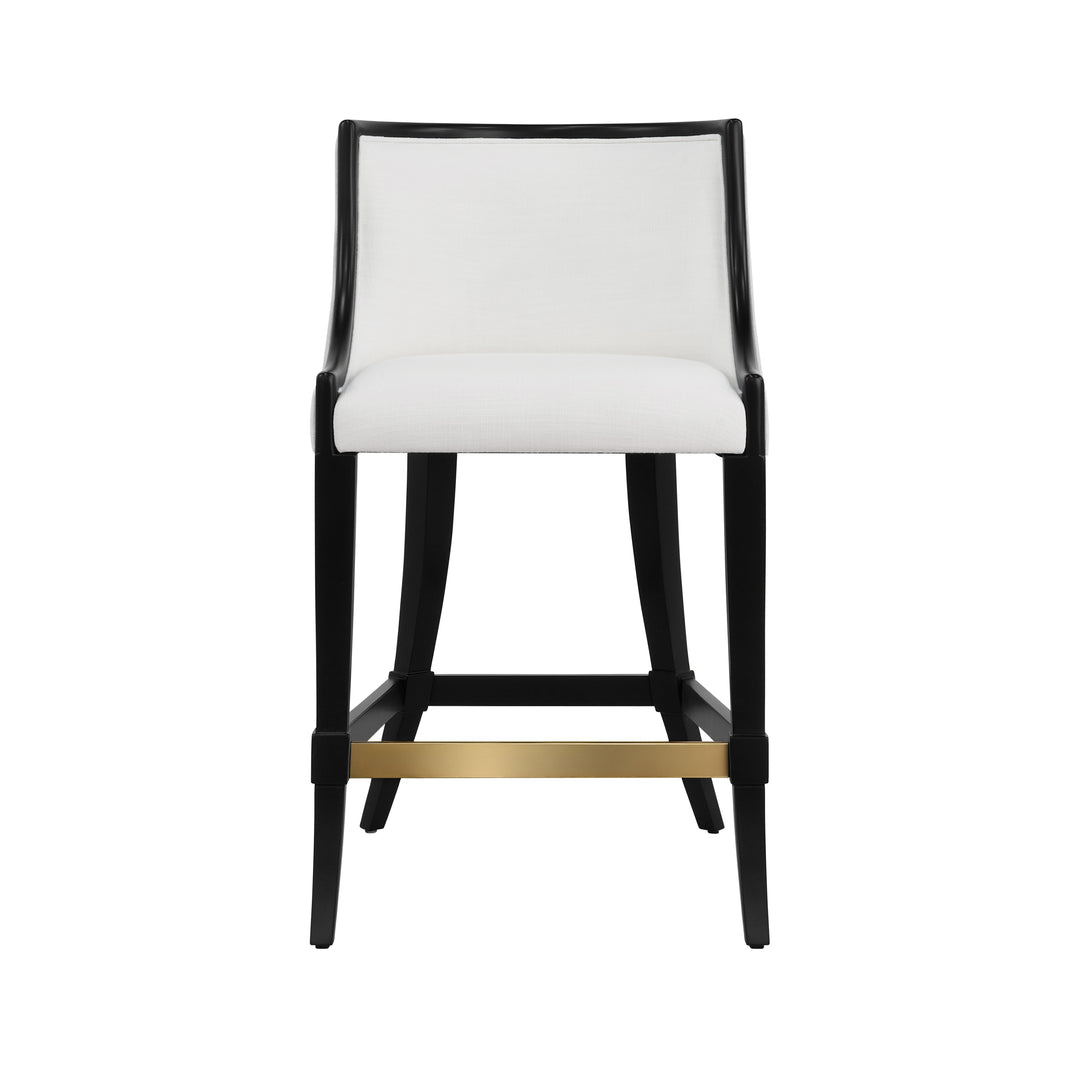 Klismos Leg Counter Stool With Performance White Linen Upholstery In Matte Black Lacquer - KEATON BLK