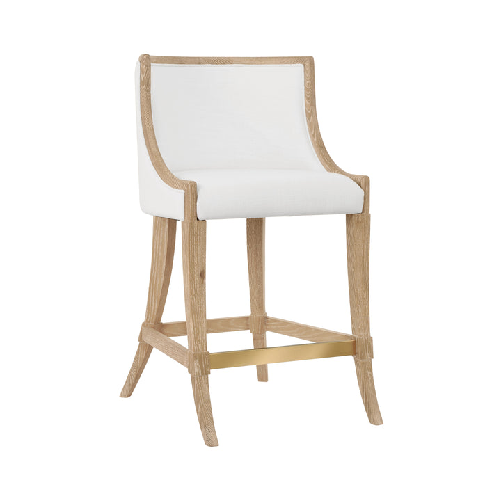 Klismos Leg Counter Stool With Performance White Linen Upholstery In Cerused Oak Lacquer - KEATON CO