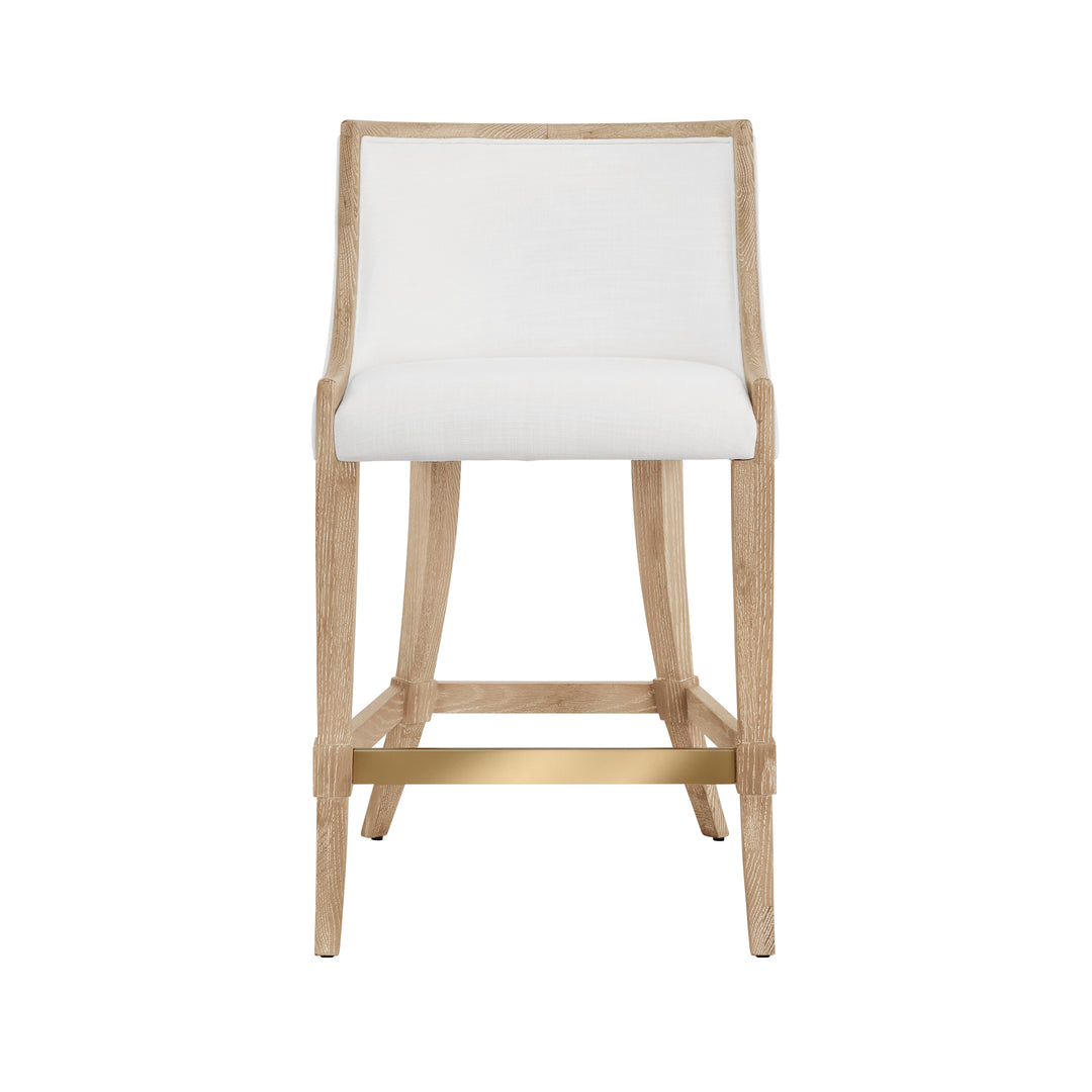 Klismos Leg Counter Stool With Performance White Linen Upholstery In Cerused Oak Lacquer - KEATON CO